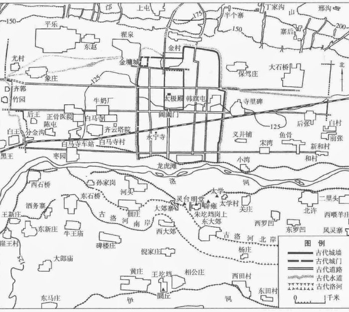 北魏洛阳城遗址平面图（图源刘庆柱《中国古代都城考古发现与研究》（上），第335页）.png